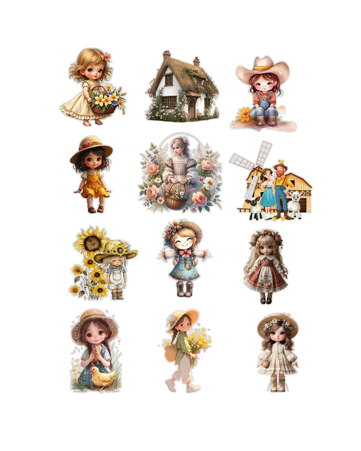 Cottage Girls Fussy Cuts Journal Stickers | Set of 48 Pre-Cut Stickers (3 cm)