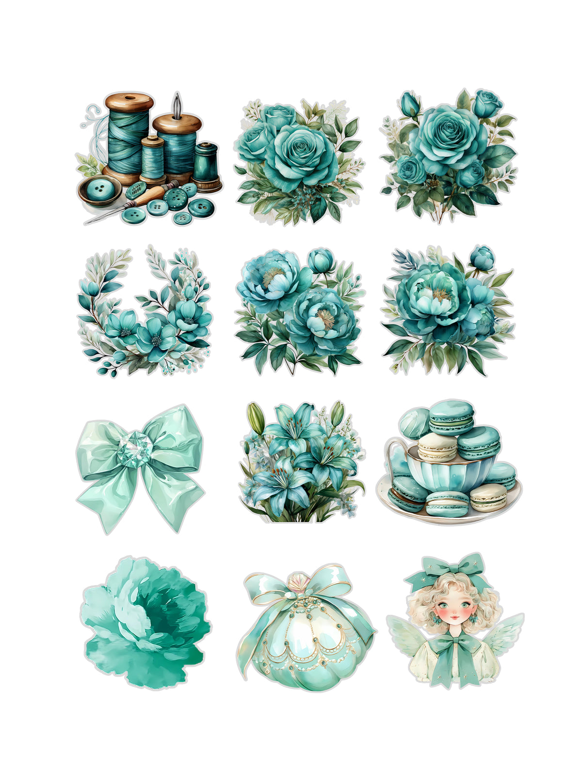Teal Dreams Fussy Cuts Journal Stickers | Set of 48 Pre-Cut Stickers (3 cm)