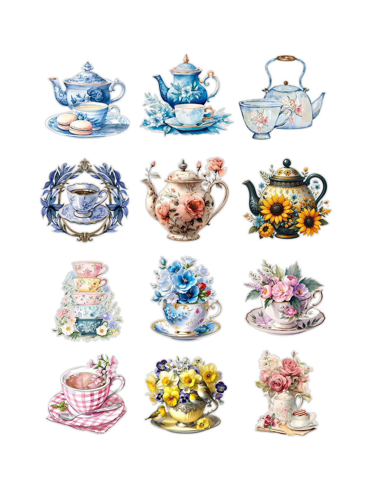 Tea and Roses Fussy Cuts Journal Stickers | Set of 48 Pre-Cut Stickers (3 cm)