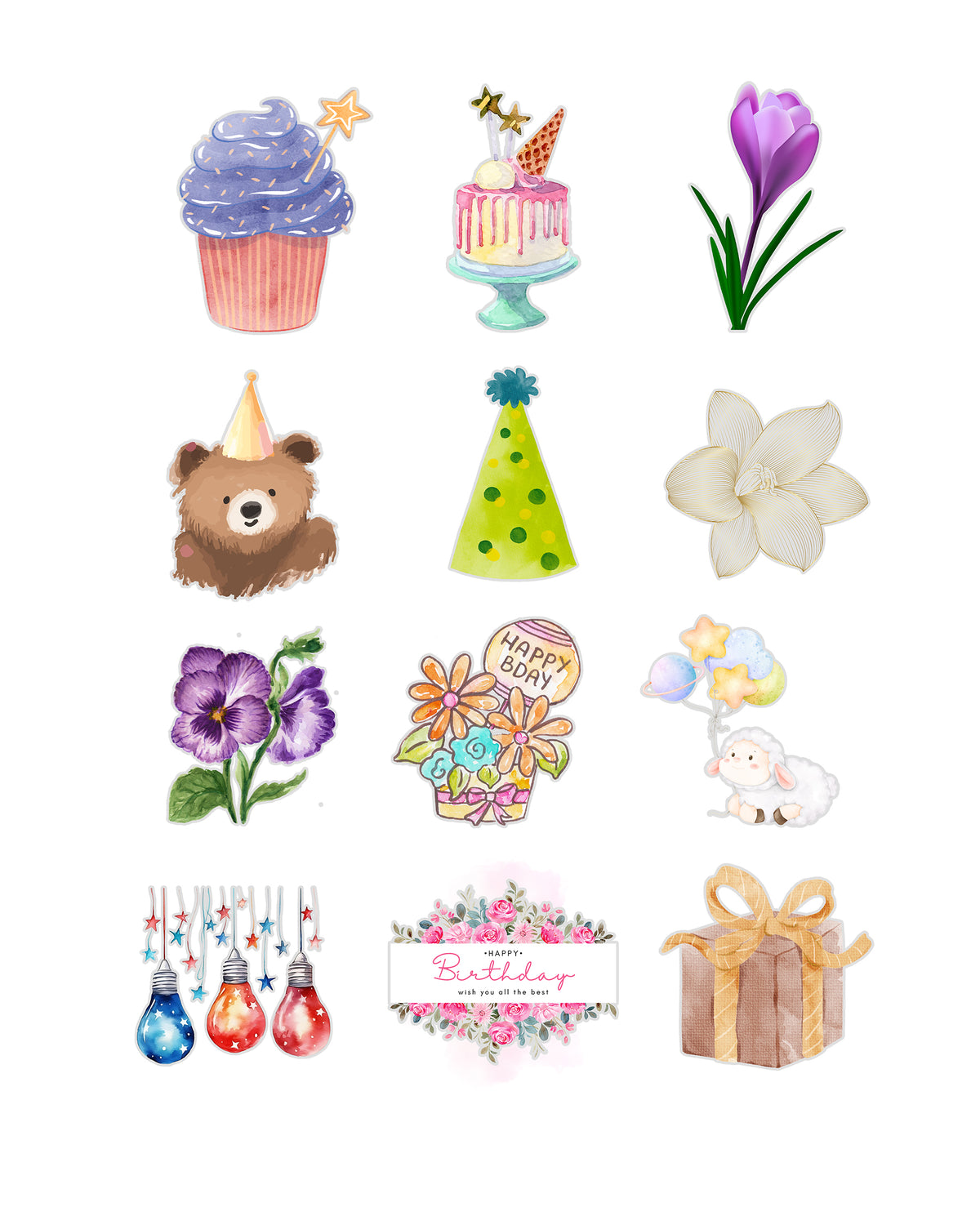 Birthday Fussy Cuts Journal Stickers | Set of 48 Pre-Cut Stickers (3 cm)