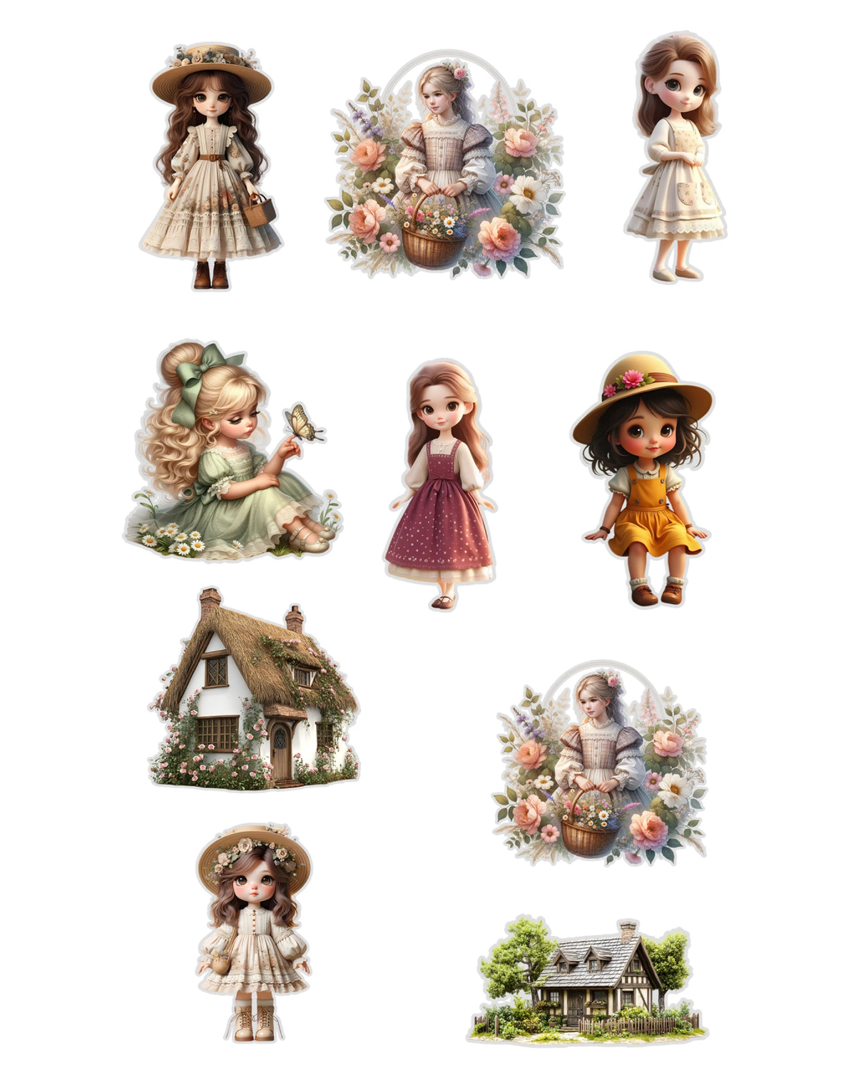 Cottage Girls Fussy Cuts Journal Stickers | Large Set of 130 Stickers (5 cm)