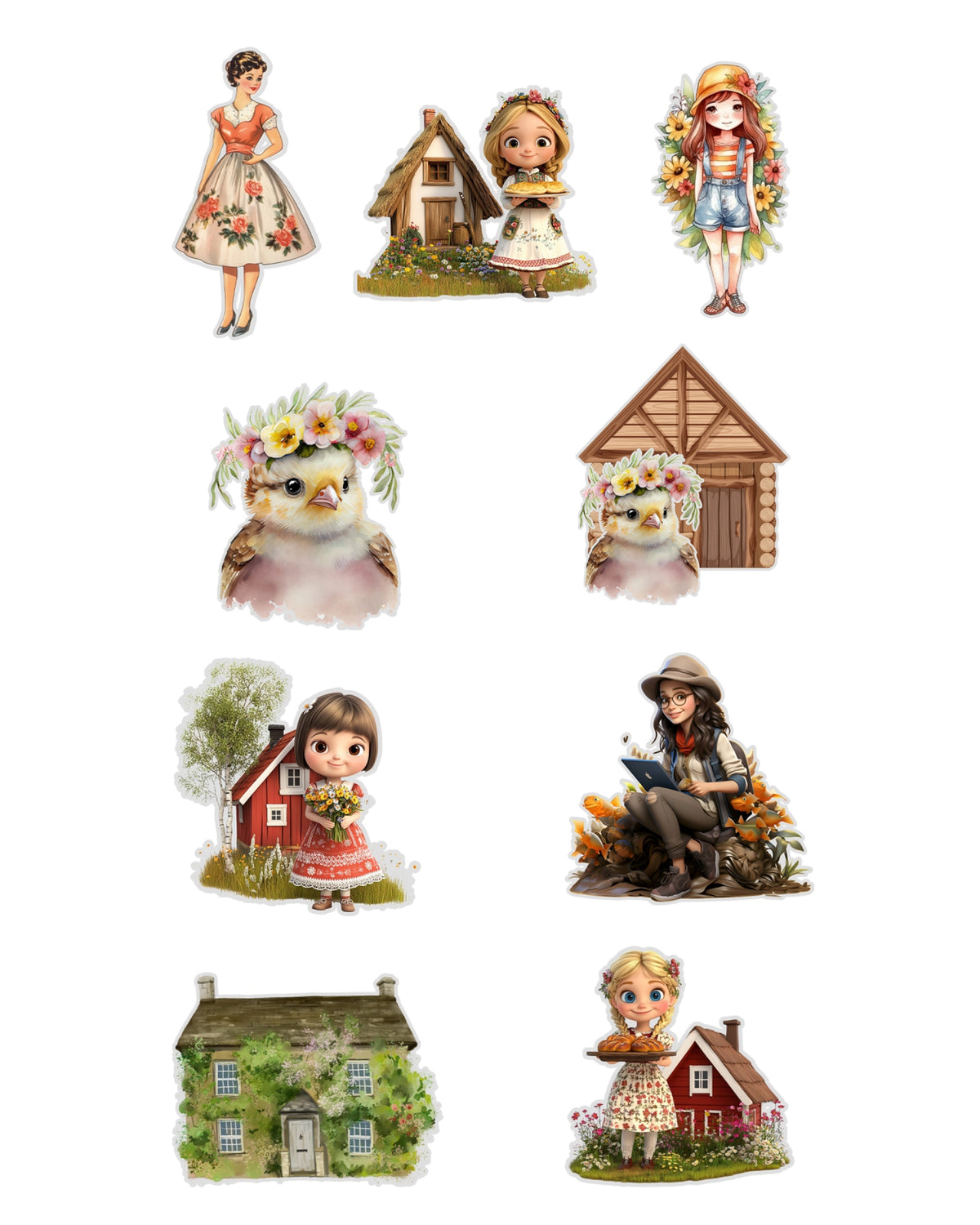 Cottage Girls Fussy Cuts Journal Stickers | Large Set of 130 Stickers (5 cm)