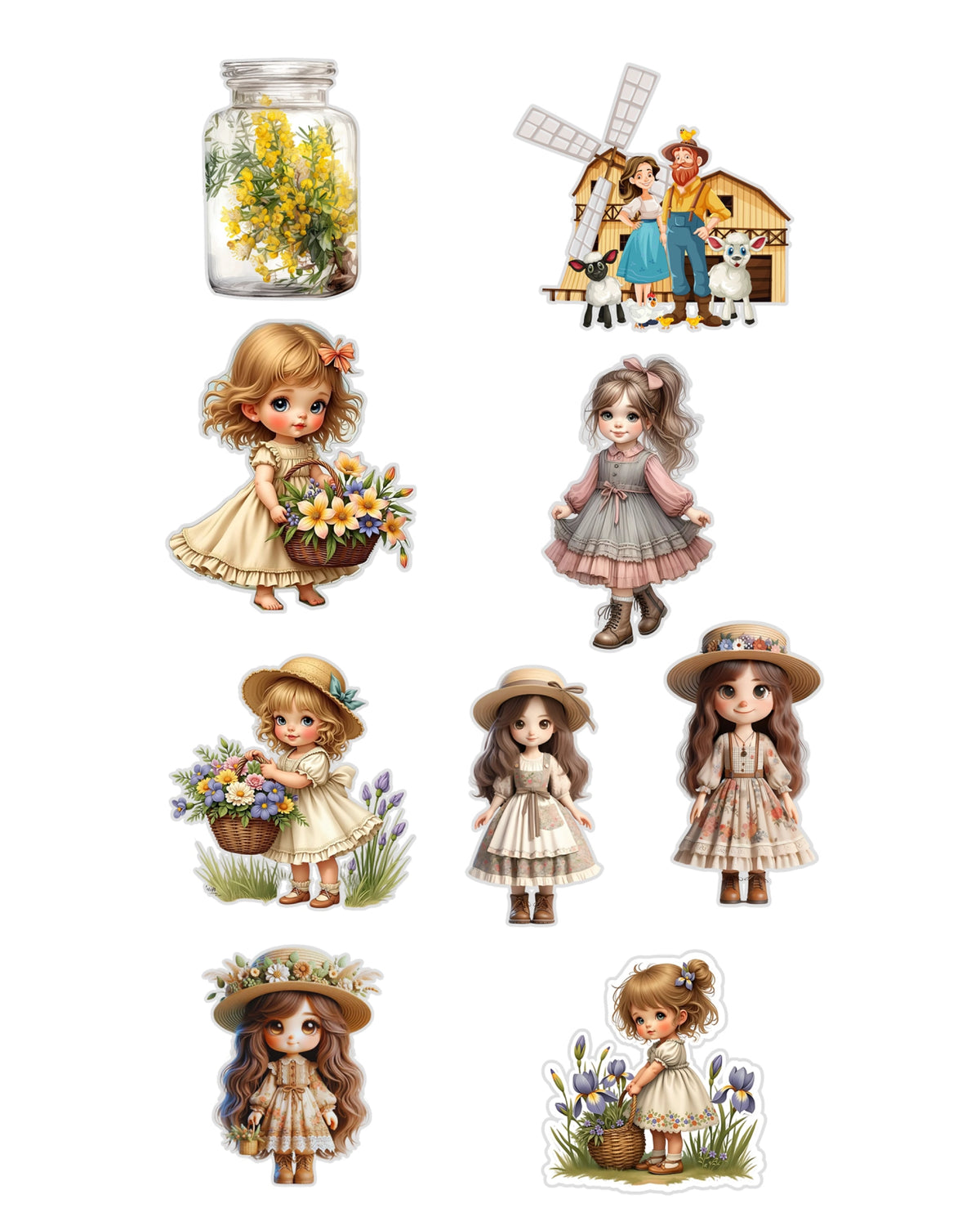 Cottage Girls Fussy Cuts Journal Stickers | Large Set of 130 Stickers (5 cm)