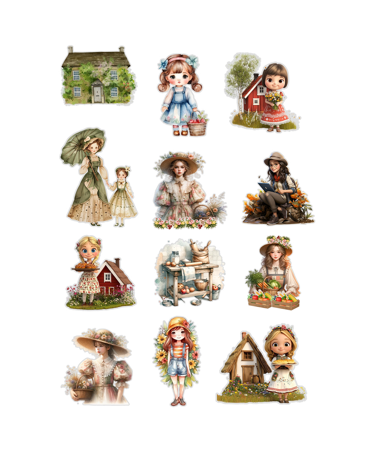 Cottage Girls Fussy Cuts Journal Stickers | Set of 48 Pre-Cut Stickers (3 cm)