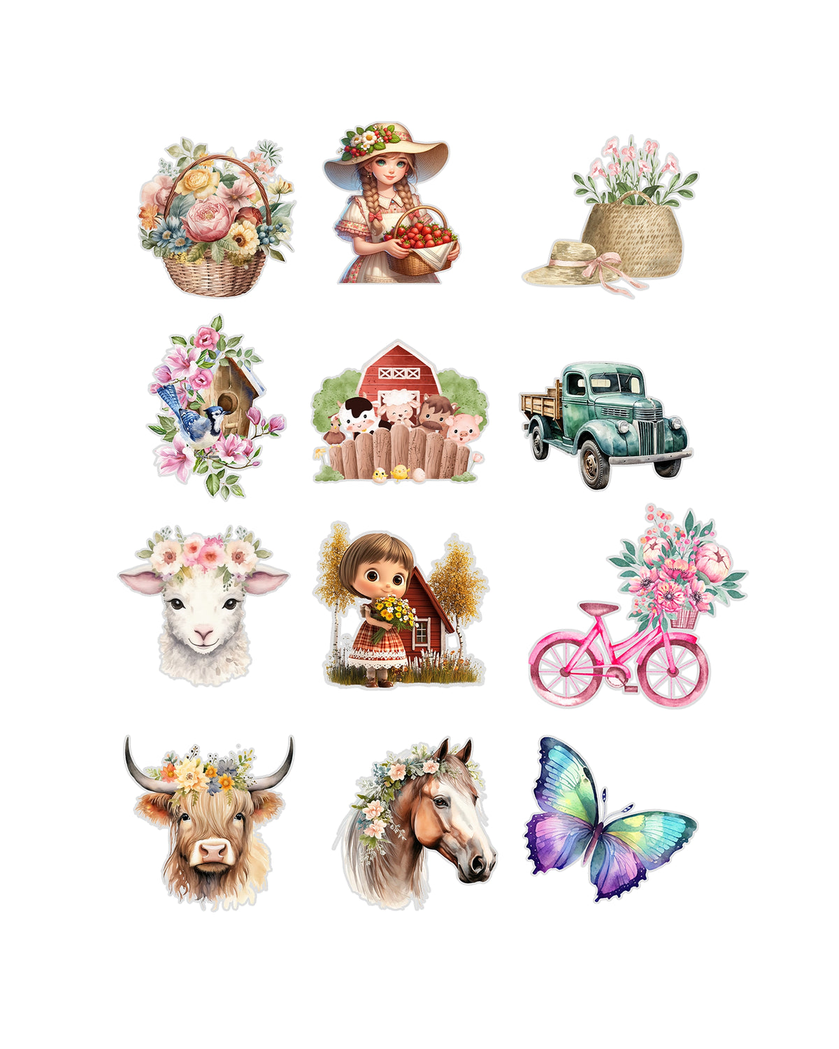 Cottage Girls Fussy Cuts Journal Stickers | Set of 48 Pre-Cut Stickers (3 cm)
