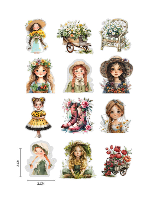Cottage Girls Fussy Cuts Journal Stickers | Set of 48 Pre-Cut Stickers (3 cm)