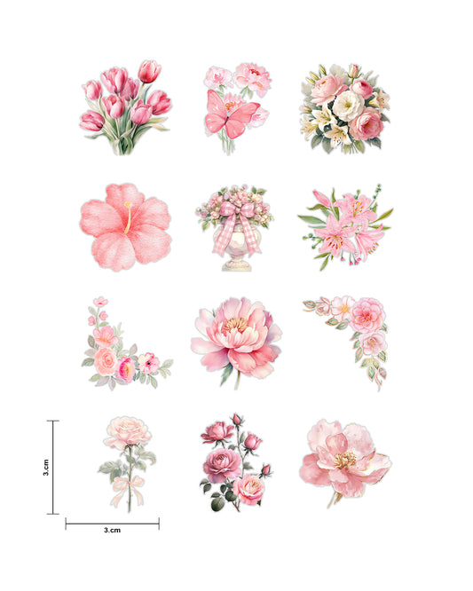 Pink and Neutral Flower Fussy Cuts | Set of 48 Pre-Cut Stickers (3 cm)