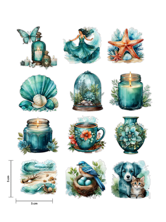 Teal Dreams Fussy Cuts Journal Stickers | Set of 48 Pre-Cut Stickers (3 cm)