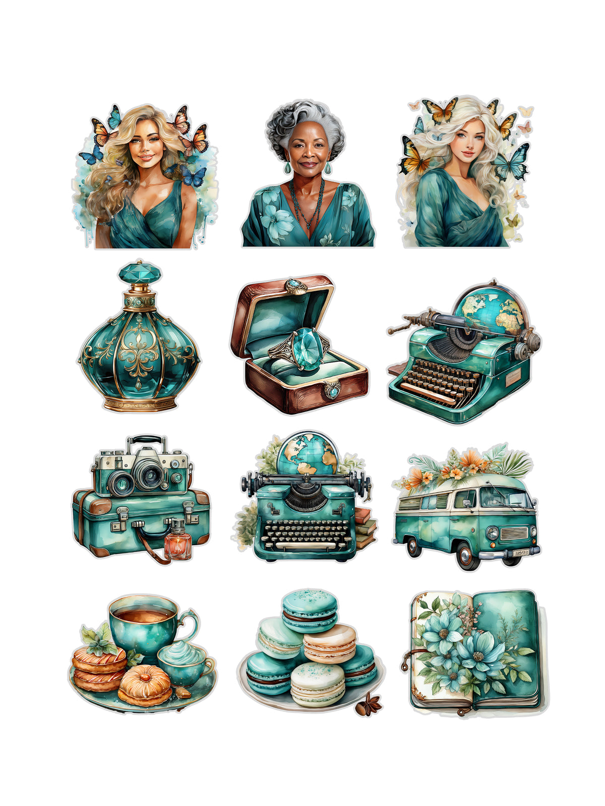 Teal Dreams Fussy Cuts Journal Stickers | Set of 48 Pre-Cut Stickers (3 cm)