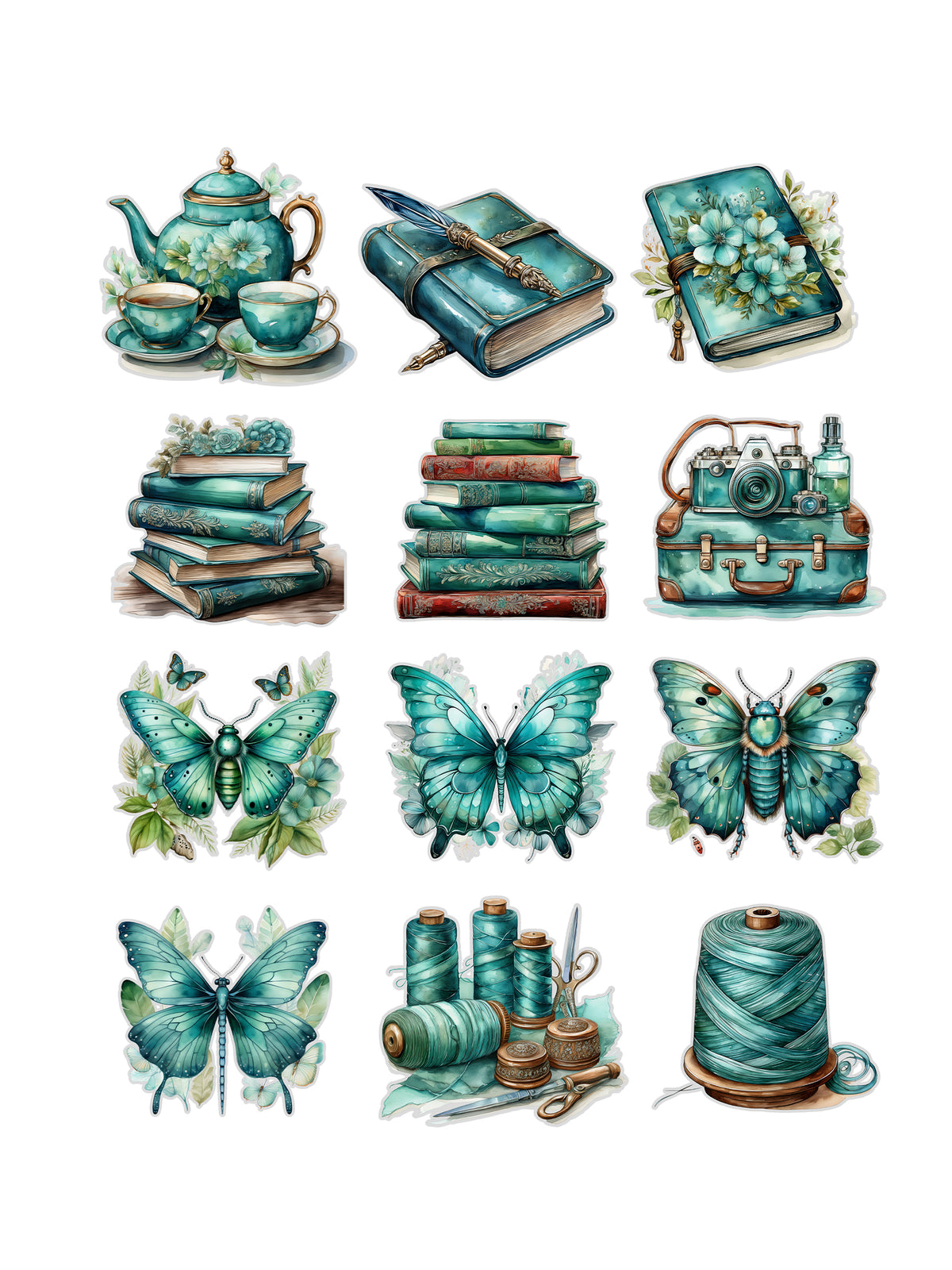 Teal Dreams Fussy Cuts Journal Stickers | Set of 48 Pre-Cut Stickers (3 cm)