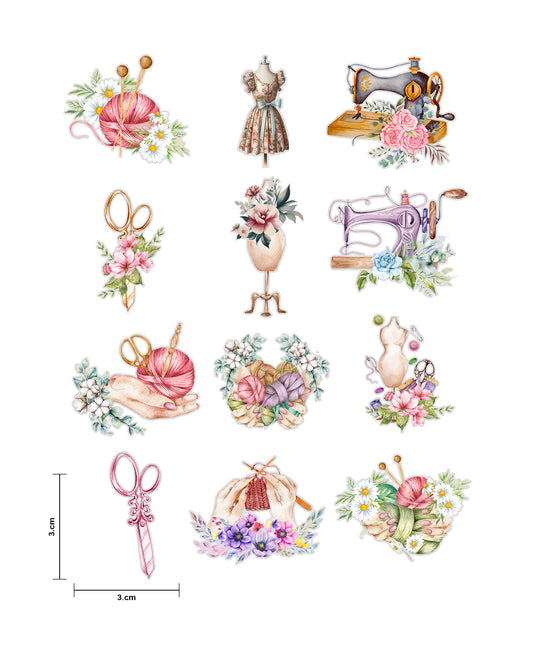 Sewing Floral Fussy Cuts Journal Stickers | Set of 48 Pre-Cut Stickers (3 cm)