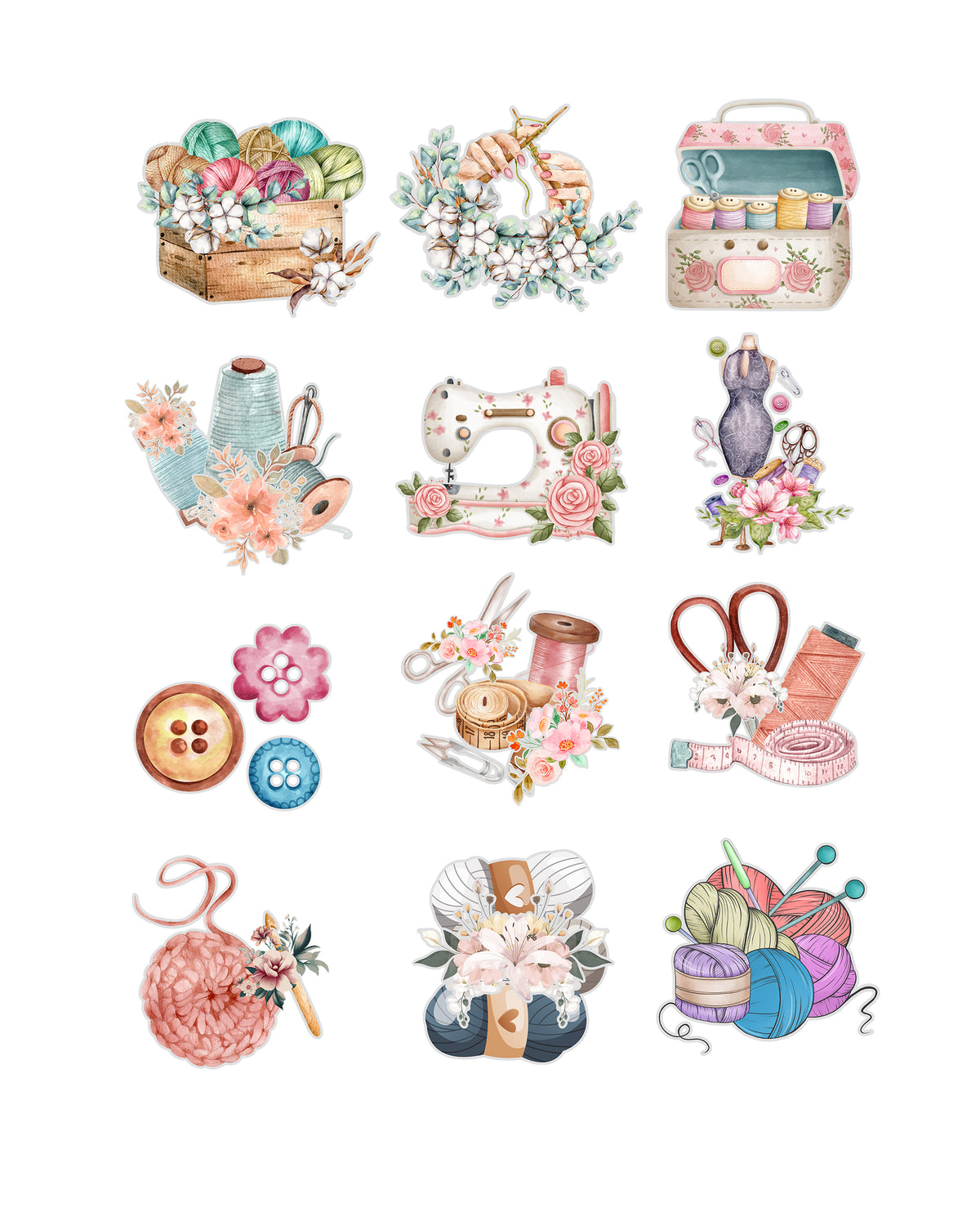 Sewing Floral Fussy Cuts Journal Stickers | Set of 48 Pre-Cut Stickers (3 cm)