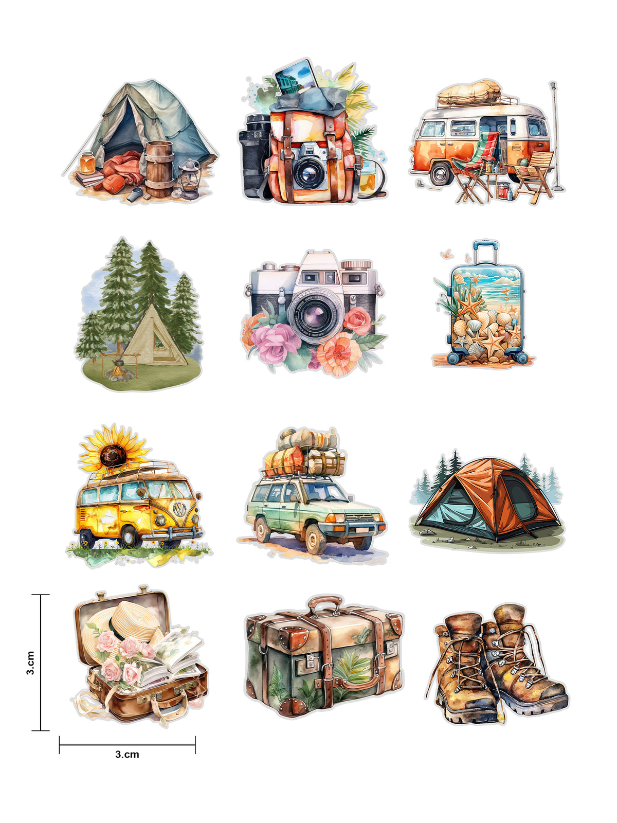Travel and Camping Fussy Cuts | Set of 48 Pre-Cut Stickers (3 cm)