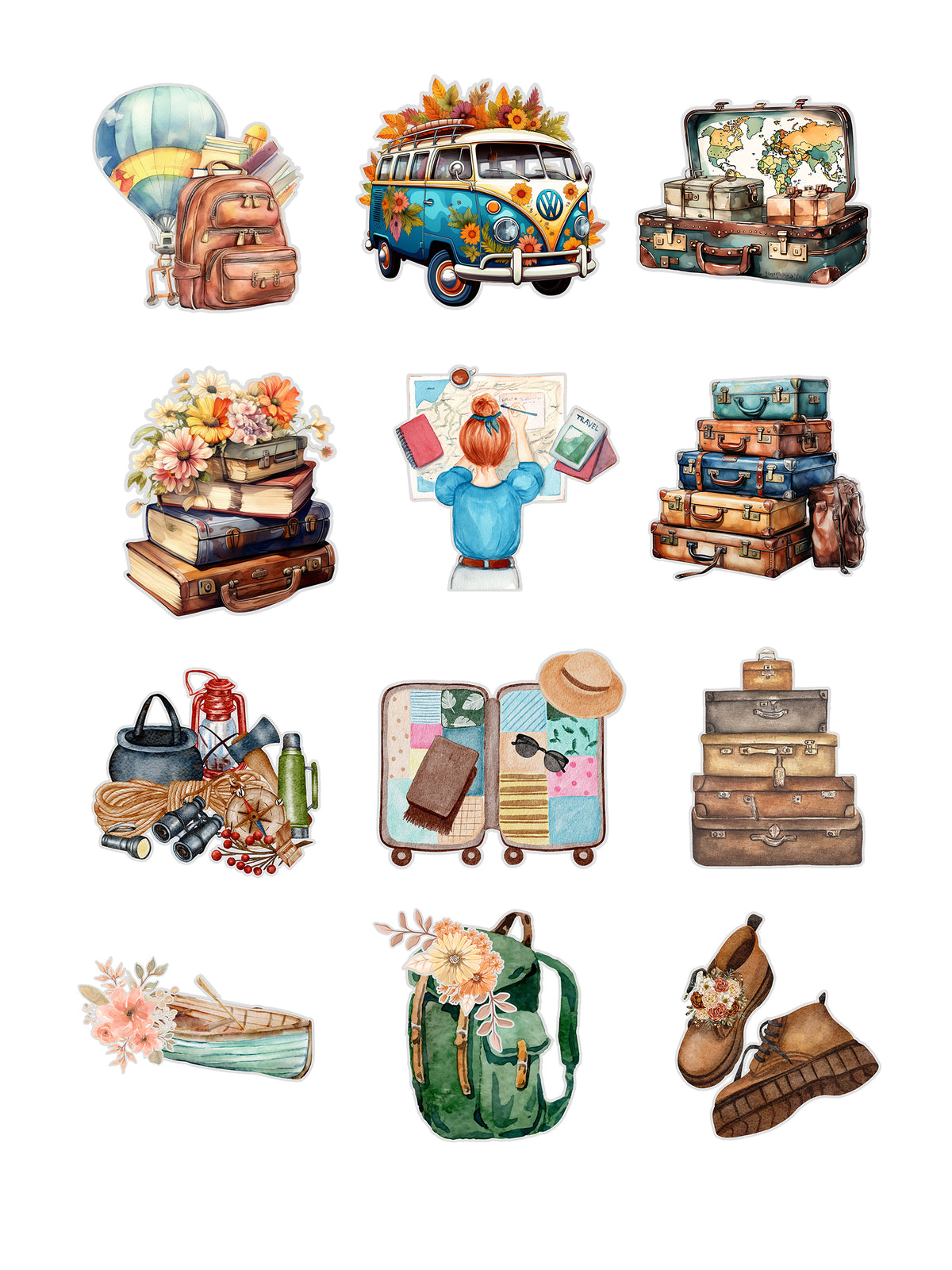 Travel and Camping Fussy Cuts | Set of 48 Pre-Cut Stickers (3 cm)