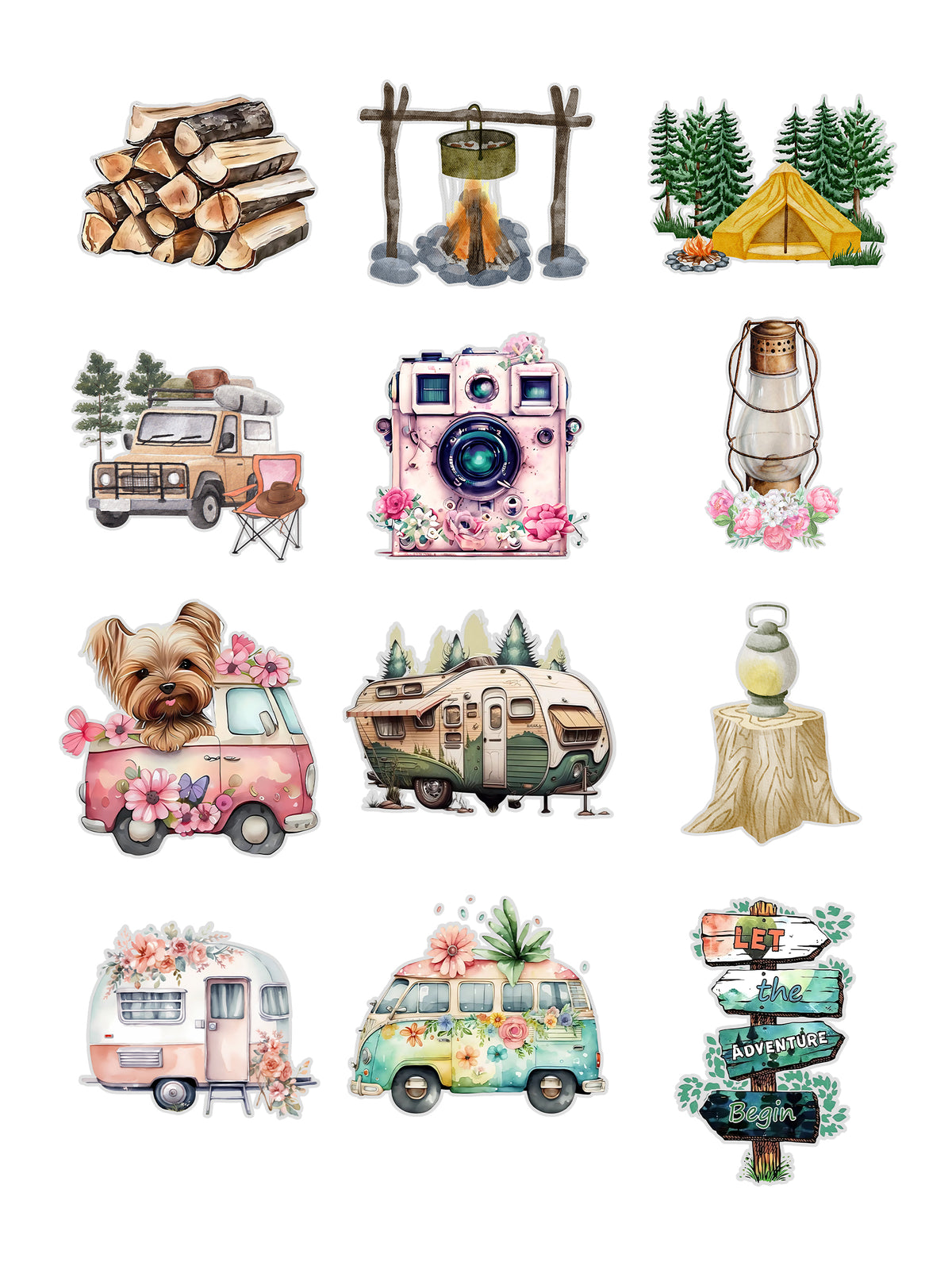Travel and Camping Fussy Cuts | Set of 48 Pre-Cut Stickers (3 cm)
