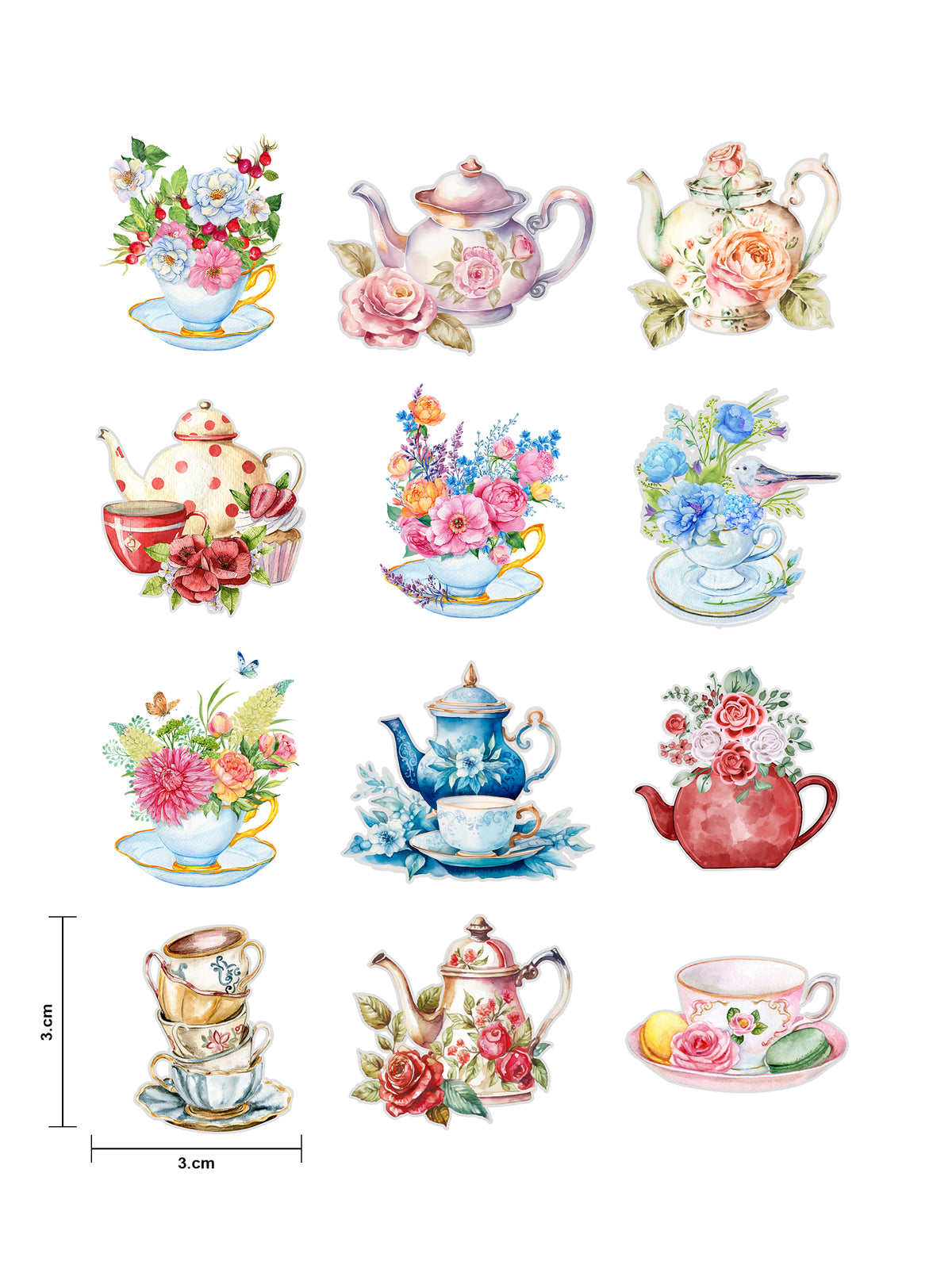 Tea and Roses Fussy Cuts Journal Stickers | Set of 48 Pre-Cut Stickers (3 cm)
