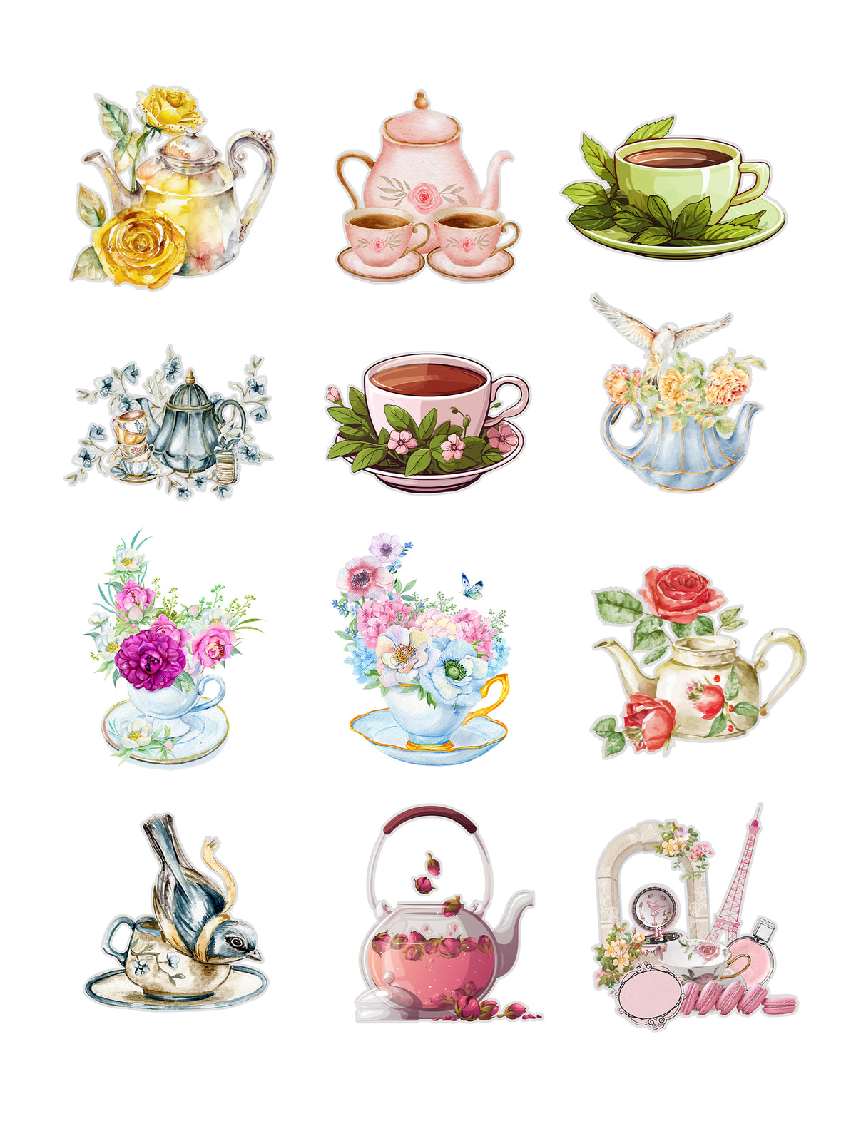 Tea and Roses Fussy Cuts Journal Stickers | Set of 48 Pre-Cut Stickers (3 cm)