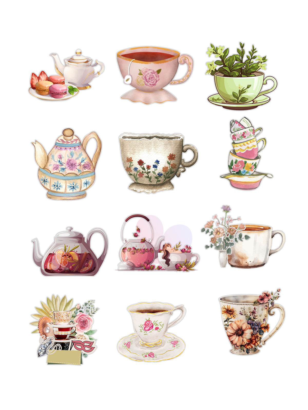Tea and Roses Fussy Cuts Journal Stickers | Set of 48 Pre-Cut Stickers (3 cm)