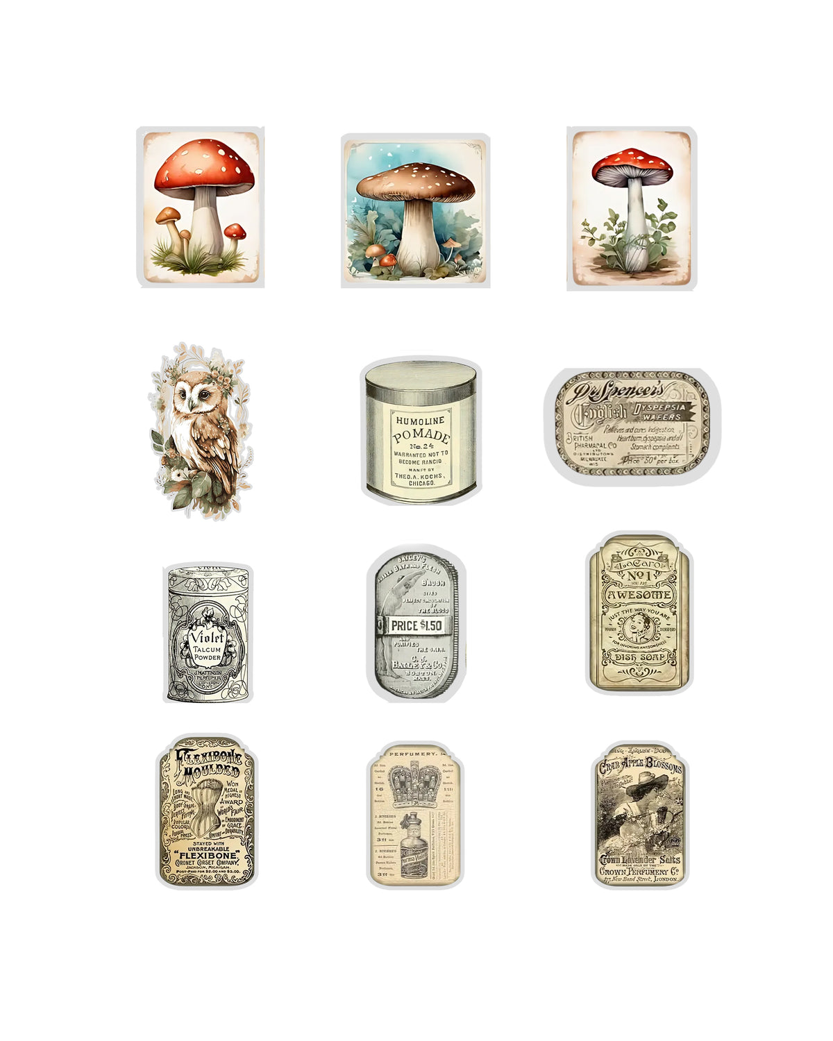 Vintage Junk Journal Ephemera Fussy Cuts | Set of 48 Pre-Cut Stickers (3 cm)